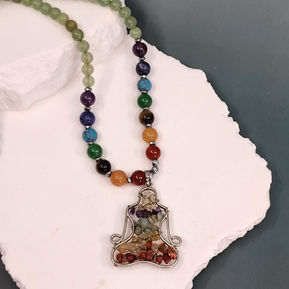 Chakra Gemstone Bead Necklace Aventurine Amethyst Jasper Wire Dress Pendant